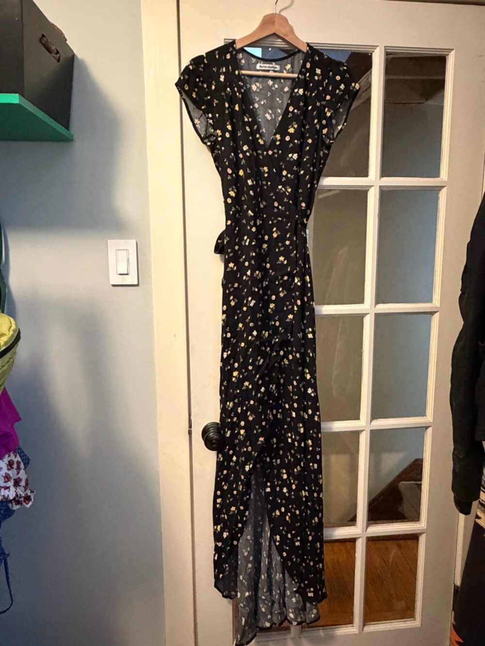 Reformation Black Floral Wrap Dress cap sleeve small